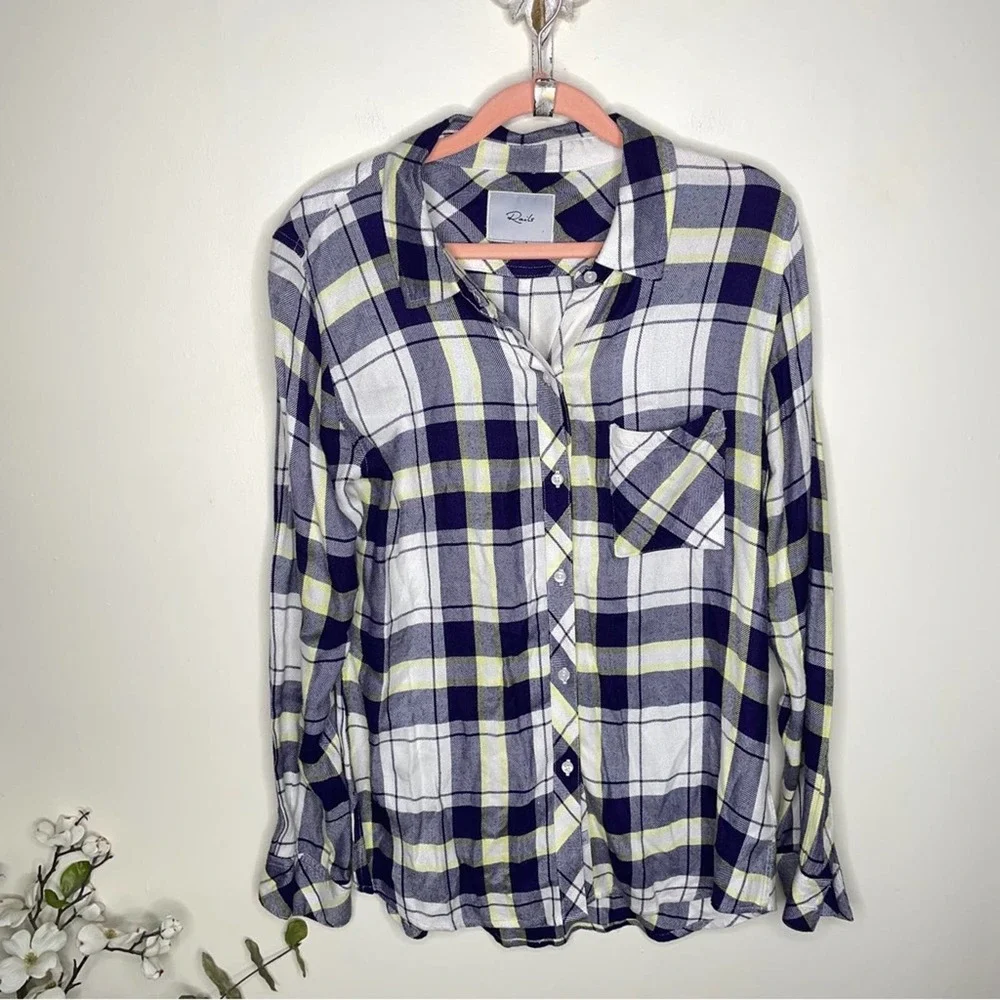 RAILS Hunter Plaid Button Down Top Yellow Navy Blue {Y10} - Picture 3 of 6